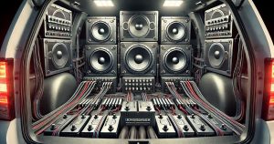Many types of subwoofers, speakers, and other car audio equipment in the back of a car