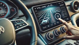 a hand reaching towards a car radio screen