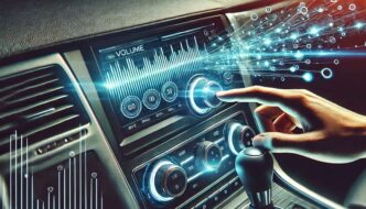 An image of the inside of a car dash with a person's hand adjusting the radio