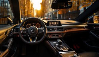 The inside of a car showing the dash and a veiw of a city through the windshield