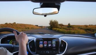 The view from inside a car of a drive in the country