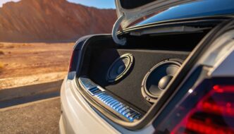 A car in a desert with its trunk open and a speaker system installed therein