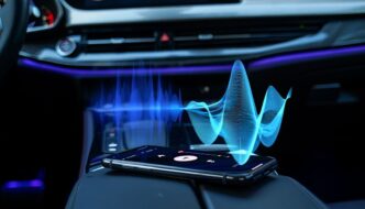 The inside of a car with a cellphone sitting on the middle armrest