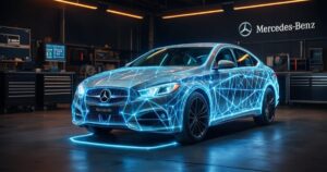 A mercedes in a garage with a futuristic system coating it