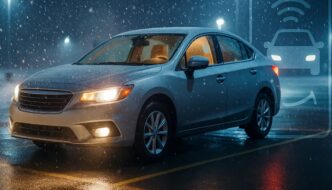 A car warming up in the snow