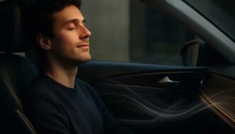 A man sitting inside a car whith his eyes closed listening to music with a smile on his face