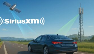 A satellite and radio tower sending waves to a vehicle on a road