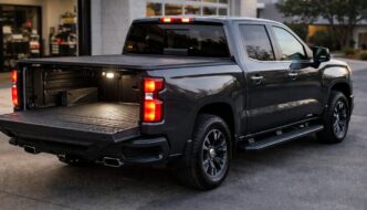 A black truck with a bed cover and its tailgate down