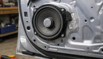 A car door with a speaker being installed